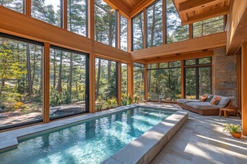 Poster - Luxurious indoor pool area featuring large windows overlooking a serene forest landscape, ideal for relaxation and leisure