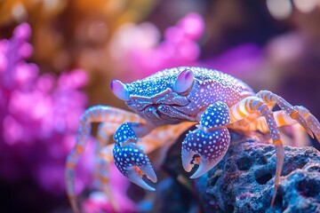 Poster - Colorful crab exploring coral reef with vibrant marine life during daytime in a tropical ocean setting