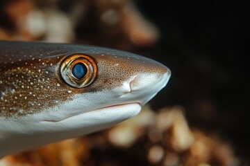 Poster - Close-up view of a shark's face highlighting its distinctive features and vibrant eye in a natural underwater habitat