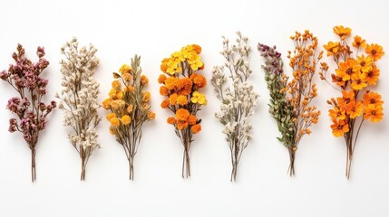 Poster - Beautiful composition of dried wildflowers arranged elegantly on a clean white background for a fresh aesthetic