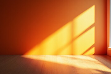 Poster - Bright sunlight casting shadows on an orange wall in a minimalist room during afternoon hours