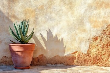 Poster - Potted aloe vera plant casting a shadow on a rustic textured wall in warm sunlight
