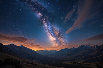 Stunning Night Landscape of the Milky Way with Glowing Nebula and Mountains