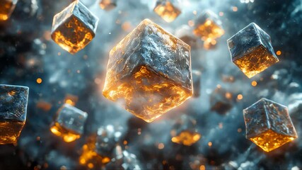Poster - Futuristic glowing metallic cubes floating in mid-air with a sci-fi theme