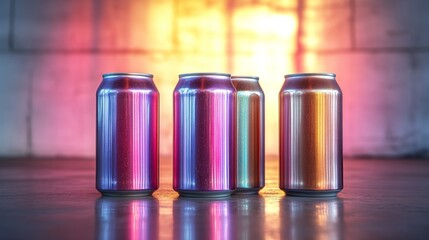 Poster - Four metallic cans stand in a line against a vibrant, illuminated background. The light reflects off their surfaces, creating an eye-catching display of colors and textures.