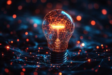 Poster - Innovative light bulb illuminated within a network of glowing connections in a dark environment