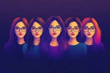 Poster - Five women with diverse hairstyles and glasses representing various styles in a colorful digital artwork