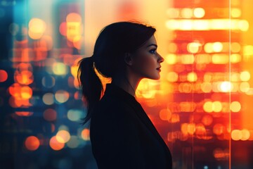 Poster - Woman in silhouette gazing out at a vibrant city skyline during twilight hours