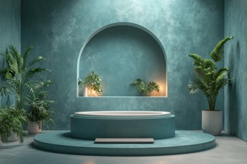 Poster - Modern bathroom with a freestanding tub and tropical plants in a serene blue-green setting