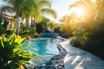 Poster - Beautiful tropical backyard with pool surrounded by lush greenery at sunset