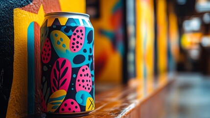 Poster - A decorative beverage can featuring vivid patterns is positioned on a wooden ledge, with a colorful mural visible in the background, creating a cheerful atmosphere.