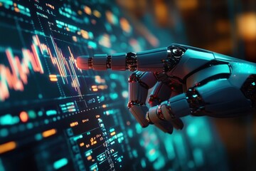 Leinwandbilder - Robotic Hand Pointing at Financial Data on Digital Screen in Futuristic Cyberpunk Style