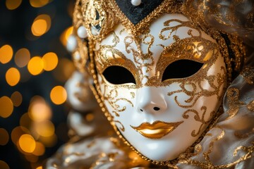 Poster - Intricate gold and white mask highlights elegance and mystery at festive celebration