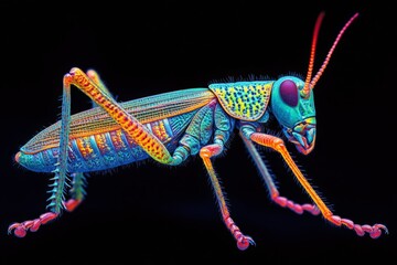 Poster - Vibrant grasshopper displays intricate colors and textures in a close-up view against a dark background