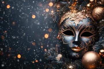 Poster - Intricate black mask adorned with gold accents and ornaments set against a sparkling snowy background during a festive celebration