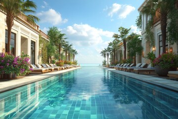 Poster - Luxurious resort pool with palm trees under a clear blue sky at a tropical destination