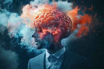 Poster - Conceptual representation of creativity and imagination with a human silhouette and a colorful brain explosion