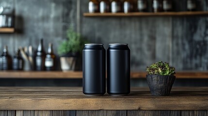 Poster - Two black beverage cans stand on a rustic wooden table surrounded by a contemporary backdrop featuring shelves lined with various bottles, adding to the atmosphere.