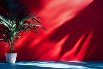 Leinwandbilder - Vibrant interior decor with green plant against bold red wall showcasing shadows on a sunny day