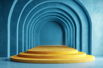 Aufkleber - Modern architectural design featuring blue arches and a yellow base creating a striking visual contrast in an indoor space