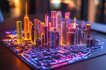 Aufkleber - Colorful neon skyline of a city displayed in 3D with intricate details highlighting urban architecture at night