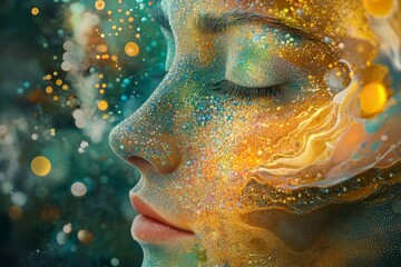 Fototapete - Surreal portrait of a woman with colorful abstract face paint and shimmering details at twilight