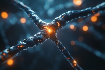Poster - Close-up view of interconnected neurons highlighting electrical activity in a digital representation of the brain's neural network