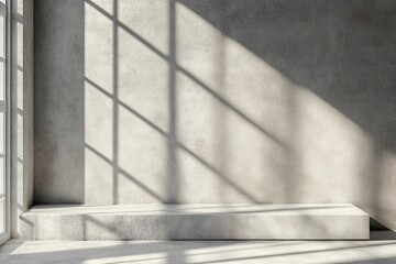 Aufkleber - Bright sunlight casts shadows on a minimalist concrete wall and bench in a modern interior space during the day