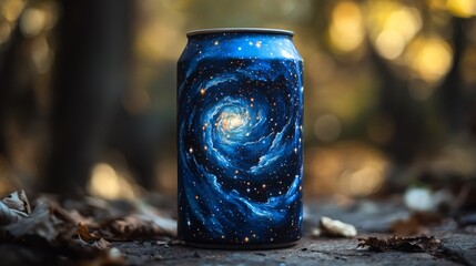 Poster - A vibrant can with a galaxy design stands on the ground surrounded by fallen leaves in a forest. Soft sunlight filters through trees, creating a serene and artistic atmosphere.