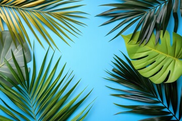 Aufkleber - Bright green and yellow tropical leaves arranged beautifully against a blue background