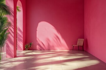 Aufkleber - Vibrant interior space with pink walls and natural light creating playful shadows