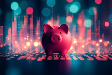 Aufkleber - Digital representation of savings with a pink piggy bank in a neon-lit environment at night
