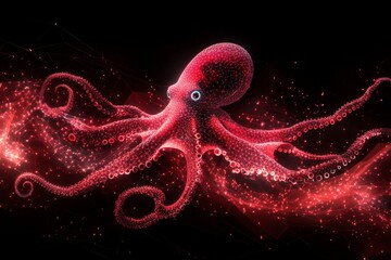 Poster - Bright red octopus swimming elegantly through dark water with sparkling lights in the background during an underwater exploration