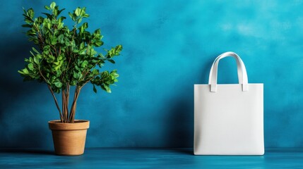 Poster - Watercolor plant potted in a white tote bag against a bright blue background for a fresh and modern look