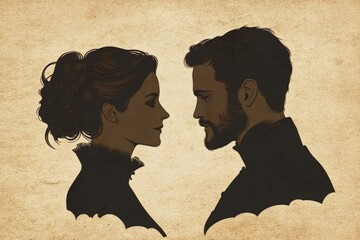 Aufkleber - Silhouettes of a couple in profile against a textured background depicting love and connection