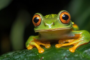Poster - Bright green frog with striking eyes perched on a leaf in a tropical rainforest during daylight hours