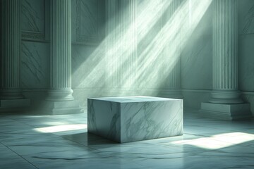 Aufkleber - Mysterious marble pedestal illuminated by rays of light in a grand, ancient hall