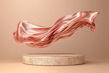 Aufkleber - Elegant pink silk fabric gracefully draped above a marble pedestal in soft lighting