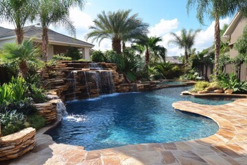 Poster - Vibrant tropical oasis with a waterfall and palm trees in a residential backyard during sunny afternoon