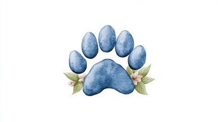 Poster - A stunning blue watercolor paw print surrounded by delicate leaves creating a whimsical nature-inspired artwork