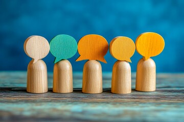 Poster - Wooden figurines with colorful speech bubbles represent communication and conversation among diverse individuals in a creative setting