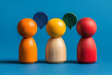 Aufkleber - Colorful wooden figures representing communication and interaction on a blue background during a bright afternoon