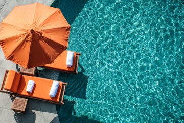Poster - Relaxing afternoon by the sparkling pool with orange loungers and umbrella in a sunny environment