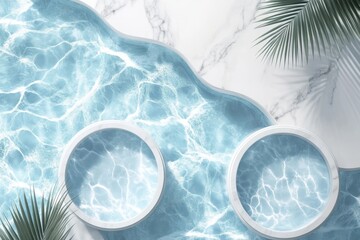 Poster - Luxury swimming pool with circular hot tubs surrounded by marble and palm leaves during daytime