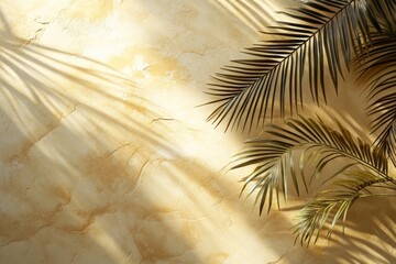 Aufkleber - Shadows of palm leaves gracefully dance on a sunlit textured wall in a tropical setting during the afternoon