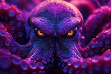 Poster - Colorful octopus with intense eyes underwater in vibrant hues during daylight hours