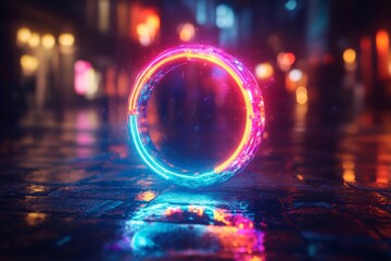 Poster - Neon ring illuminates a wet street in a vibrant urban nighttime setting