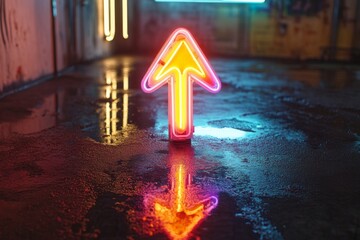 Poster - Neon arrow sign illuminated on wet ground creates vibrant reflection in urban setting during nighttime