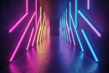 Poster - Vibrant neon lights illuminating a modern hallway in an artistic space during the evening hours