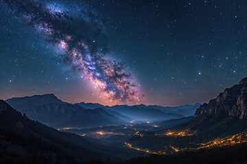Wall Mural - breathtaking milky way night sky with illuminated nebula and majestic mountains